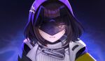  1girl angry arknights arknights:_endfield black_hair bloodshot_eyes commentary endministrator_(arknights) eye_mask female_endministrator_(arknights) hair_ornament highres jacket looking_at_viewer mask medium_hair meowlly_(zerothdirective) open_clothes open_jacket see-through_clothes see-through_mask solo sweater symbol-shaped_pupils turtleneck turtleneck_sweater twitter_username upper_body white_sweater yellow_eyes 