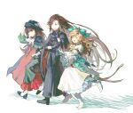  3girls ^_^ absurdres aqua_bow ascot bandaged_foot bandaged_hand bandages black_ascot black_cape black_gloves black_hat black_shirt black_shoes black_skirt blonde_hair bow brown_eyes brown_hair cape chinese_commentary closed_eyes commentary_request dongfang_shuyechu dress gloves green_shirt grin hair_bow hand_on_headwear hat highres index_finger_raised long_dress long_hair long_skirt lorelei_(reverse:1999) multiple_girls neckerchief open_mouth red_eyes reverse:1999 semmelweis_(reverse:1999) shirt shoes skirt smile tricorne valentina_(reverse:1999) walking white_background white_dress white_gloves white_neckerchief 