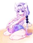 1girl absurdres ball bare_arms bare_legs bare_shoulders barefoot beachball beads black_bow blue_eyes blunt_bangs blunt_ends blush bow closed_mouth commentary dot_mouth dragon_girl dragon_horns dragon_tail frilled_one-piece_swimsuit frills full_body gradient_hair hair_beads hair_ornament highres holding holding_ball holding_beachball horns kanna_kamui kobayashi-san_chi_no_maidragon long_hair looking_at_viewer low_twintails millo_eve11 multicolored_hair no_nose one-piece_swimsuit purple_hair sidelocks simple_background sitting soles solo sphere_hair_ornament swimsuit tail thighs twintails very_long_hair wariza white_background white_hair 