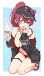  1girl a-ka arrow_through_heart bare_shoulders baseball_cap bikini black_hat black_jacket blue_background blush border breasts brown_sandals cleavage collarbone commentary_request dot_nose double-parted_bangs earrings eyewear_on_head food food_on_body food_on_breasts food_on_hand full_body gladiator_sandals gold_necklace gold_trim groin hair_between_eyes halterneck hands_up hat head_tilt heart heart-shaped_eyewear heart_earrings heart_necklace heterochromia high_ponytail highres holding holding_food holding_ice_cream holding_ice_cream_cone hololive hood hood_down hooded_jacket houshou_marine houshou_marine_(summer) ice_cream ice_cream_cone jacket jacket_partially_removed jewelry kneeling large_breasts licking licking_finger long_hair looking_at_viewer navel necklace o-ring o-ring_thigh_strap official_alternate_costume official_alternate_hairstyle open_clothes open_jacket outside_border ponytail purple-tinted_eyewear rabbit_background raised_inner_eyebrows red_bikini red_eyes red_hair sandals sidelocks signature smile solo stomach string_bikini sunglasses swimsuit thigh_strap thighs tinted_eyewear tongue tongue_out two-sided_fabric two-sided_jacket virtual_youtuber watermark white_border yellow_eyes 