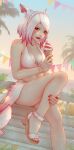  1girl animal_ears bikini blue_eyes blurry blurry_background bracelet breasts cat_ears cat_tail commentary commission english_commentary facial_mark final_fantasy final_fantasy_xiv highres ice_cream_cone jewelry lips looking_at_viewer medium_breasts nail_polish navel red_lips red_nails sandals sarong short_hair sitting solo soranamae swimsuit tail toenail_polish toenails warrior_of_light_(ff14) whisker_markings white_bikini 