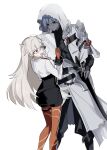  ahoge azrael_(fate) azrael_(first_ascension)_(fate) azrael_(sword)_(fate) belt black_skirt blue_hair braid breasts chaldea_logo ciakomop1 clipboard colored_skin commentary cross_tie earrings fate/grand_order fate_(series) fingerless_gloves gloves grey_skin hair_ribbon hand_on_sheath highres holding holding_clipboard hood hooded_jacket jacket jewelry large_breasts long_hair olga_marie_animusphere olga_marie_animusphere_(unbeast) open_mouth orange_thighhighs pantyhose red_cross_tie ribbon shirt skirt sweat thighhighs very_long_hair white_hair white_hood white_shirt 