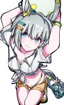  1girl absurdres animal_ears arms_up ball bare_shoulders beachball bikini bikini_under_clothes blue_eyes blush breasts cleavage closed_mouth commentary_request ear_scrunchie green_bikini grey_hair hair_between_eyes highres holding holding_ball holding_beachball horse_ears horse_girl horse_tail kikkasoon looking_at_viewer medium_breasts navel official_alternate_costume open_fly orange_shorts sandals seiun_sky_(nagisa_no_kimagure_orange)_(umamusume) seiun_sky_(umamusume) shirt short_hair shorts simple_background smile solo stomach swimsuit tail umamusume white_background white_shirt 