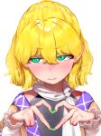  1girl absurdres arm_warmers black_undershirt blonde_hair blush brown_shirt closed_mouth commentary_request cropped frilled_arm_warmers frills green_eyes green_nails heart heart_hands highres mizuhashi_parsee scarf shirt short_hair short_sleeves simple_background solo suwa_(au_swap) touhou upper_body white_arm_warmers white_background white_scarf 