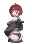  1girl akane_lize ass black_jacket black_panties black_pants black_sports_bra blonde_streaks breasts clothes_pull commentary_request crop_top cropped_jacket cropped_legs from_behind hair_intakes highres hikikomhuri jacket jacket_partially_removed korean_commentary large_breasts long_sleeves looking_at_viewer looking_back multicolored_hair panties pants pants_pull parted_lips red_hair short_hair simple_background skindentation small_sweatdrop solo sports_bra stellive streaked_hair turning_head underwear virtual_youtuber white_background 