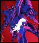  1girl beam_rifle copyright_logo copyright_name derivative_work dress energy_gun gigi_andalusia glowing glowing_eyes gundam gundam:_hathaway's_flash highres holding holding_energy_gun holding_weapon js_71535 lens_flare logo long_hair looking_at_viewer mecha mobile_suit red_light robot science_fiction strapless strapless_dress title v-fin weapon white_hair xi_gundam 