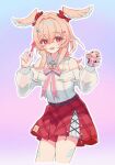  1girl bare_shoulders clothing_cutout commentary_request cup food genshin_impact gradient_background hair_between_eyes hair_intakes hair_ornament hair_ribbon highres holding holding_cup holding_spoon ice_cream linnea_(baskin-robbins)_(genshin_impact) linnea_(genshin_impact) nisui0002 official_alternate_costume open_mouth pink_hair pink_ribbon pink_wings pointy_ears red_eyes red_ribbon red_skirt ribbon shirt shoulder_cutout sidelocks skirt solo spoon standing symbol-shaped_pupils white_shirt wings wolf_cut 