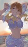  1girl absurdres armband arms_up beach bead_necklace beads bikini black_eyes blonde_hair blue_bikini blue_choker blue_nails blue_ribbon blue_sarong blurry blurry_background bracelet brown_hair choker dark-skinned_female dark_skin earrings eyelashes frilled_bikini frilled_choker frills gradient_hair grin highleg highleg_bikini highres idolmaster idolmaster_shiny_colors izumi_mei jewelry jiro_26 lace-trimmed_ribbon lace_trim looking_at_viewer midriff multicolored_hair navel necklace ocean open_mouth outdoors parted_bangs ribbon sarong see-through_clothes see-through_ribbon see-through_sarong shell shell_bikini smile solo sticker sticker_on_face sunset swimsuit waves 
