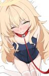  1girl blonde_hair blue_archive blue_one-piece_swimsuit blush clenched_teeth commentary covered_navel cuffs fluffy_hair green_eyes groin hair_intakes half-closed_eye halo handcuffs highres leash long_hair mintchoco_(minchothudong) on_floor one-piece_swimsuit professor_niyaniya_(blue_archive) pussy_juice school_swimsuit sex_toy side_ahoge sitting swimsuit tearing_up teeth thighhighs thighs trembling vibrator vibrator_under_clothes viewer_holding_leash wariza white_thighhighs yellow_halo 