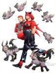  >_< 2boys black_shoes bodysuit carrying closed_eyes commentary_request dazzling3ti fake_horns hair_between_eyes highres hood hood_up horned_hood horns male_focus maxie_(pokemon) medium_hair mightyena multiple_boys muscular muscular_male open_mouth pokemon pokemon_(creature) pokemon_ruby/sapphire/emerald poochyena princess_carry purple_hair red_hair red_socks ribbed_bodysuit shoes short_hair simple_background smile socks tabitha_(pokemon) team_magma team_magma_uniform teeth tongue tongue_out white_background yaoi 