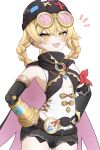  1girl absurdres animal_ear_headwear bandana_around_arm blonde_hair blush braid braided_hair_rings breasts cleavage commentary_request eyewear_on_head genshin_impact goggles goggles_on_head hair_rings hat highres jahoda_(genshin_impact) looking_at_viewer mechanical_arms medium_breasts open_mouth pink-tinted_eyewear single_mechanical_arm smug solo star-shaped_pupils star_(symbol) symbol-shaped_pupils take_(take96254) thighhighs tinted_eyewear x_hat_ornament yellow_eyes 