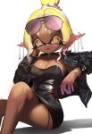  1girl absurdres alternate_costume arm_rest aviator_sunglasses black_choker black_dress black_jacket blonde_hair bracelet breasts choker cleavage collarbone colored_eyelashes colored_fingertips commentary covered_navel cross-shaped_pupils crossed_legs dark-skinned_female dark_skin dress ear_ornament earrings english_commentary expressionless eyewear_on_head fangs frye_(splatoon) gradient_hair hand_on_own_face highres houh888 inkling invisible_chair jacket jewelry lips long_pointy_ears long_sleeves looking_at_viewer medium_hair middle_part multicolored_hair multiple_earrings multiple_piercings open_clothes open_jacket parted_hair pearl_earrings pointy_ears purple_hair sequential_piercings shadow short_dress short_eyebrows sidelocks simple_background sitting skindentation small_breasts solo sparkle splatoon_(series) splatoon_raiders strapless strapless_dress sunglasses symbol-shaped_pupils tentacle_hair thick_eyebrows tight_clothes tight_dress topknot tube_dress two-tone_hair white_background yellow_eyes 