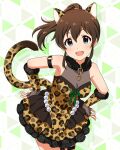  1girl :d animal_ears animal_print arm_strap blue_eyes breasts brown_hair card_commentary cleavage commentary_request cowboy_shot dress fake_animal_ears fake_tail fingerless_gloves floating_hair frilled_dress frills fur_collar game_asset gaogao_leopard_(idolmaster) gloves idolmaster idolmaster_million_live! idolmaster_million_live!_theater_days leopard_ears leopard_print leopard_tail looking_at_viewer o-ring o-ring_arm_strap official_alternate_costume official_art open_mouth ponytail print_dress print_gloves satake_minako short_dress sleeveless sleeveless_dress smile solo standing tail thigh_strap third-party_source 