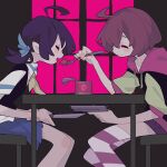  2girls ahoge black_hair blue_ribbon blue_skirt blush_stickers brown_hair can chair closed_eyes closed_mouth commentary_request facing_another feeding feet_out_of_frame from_side hair_ribbon highres holding holding_knife holding_spoon hood hood_down hoodie knife multiple_girls neckerchief open_mouth original pleated_skirt profile renren_(ah_renren) ribbon shirt short_hair short_sleeves shorts sitting skirt smile spoon striped_clothes striped_thighhighs table thighhighs window yellow_neckerchief 
