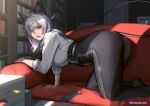  1girl absurdres armband artist_name ass black_armband black_horns black_pants black_tail bookshelf breasts closed_mouth commentary couch covered_nipples curled_horns deep_duck demon_tail english_commentary grey_hair hair_between_eyes high-waist_pants highres horns indoors kneeling large_breasts long_hair looking_at_viewer mole mole_under_eye no_jacket on_couch paid_reward_available pants paper_stack red_eyes revision shirt shirt_tucked_in solo tail unworn_armband white_shirt wuthering_waves zani_(wuthering_waves) 