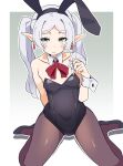  1girl absurdres animal_ear_hairband animal_ears arm_behind_back black_leotard black_pantyhose black_shoes blush_stickers border bow bowtie breasts bunny_day commentary_request detached_collar earrings elf fake_animal_ears frieren gradient_hair green_eyes hairband highres jewelry leotard long_pointy_ears looking_at_viewer multicolored_hair noyama_takenoko outside_border pantyhose petite pointy_ears rabbit_ear_hairband rabbit_ears red_bow red_bowtie shoes sitting solo sousou_no_frieren twintails wariza white_border white_hair 