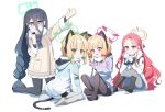  4girls animal_ear_headphones animal_ears aqua_halo aris_(blue_archive) aris_(winter)_(blue_archive) black_hair black_pantyhose blonde_hair blue_archive blue_eyes blue_scarf blush bow braid brown_coat cat_ear_headphones cat_ears cat_tail chinese_commentary coat commentary_request double-parted_bangs fake_animal_ears fake_tail fur-trimmed_coat fur-trimmed_sleeves fur_trim game_development_department_(blue_archive) gloves gradient_hair green_bow green_eyes green_halo hair_between_eyes hair_bow halo headphones highres hood hooded_coat long_hair long_hair_between_eyes long_sleeves looking_at_viewer low-tied_sidelocks midori_(blue_archive) midori_(winter)_(blue_archive) mittens momoi_(blue_archive) momoi_(winter)_(blue_archive) multicolored_hair multiple_girls open_mouth orange_halo pantyhose pink_halo pink_mittens power_symbol rectangular_halo red_hair scarf short_hair siblings sidelocks simple_background sisters skirt smile tail twins very_long_hair victorreznov viktor_reznov waving white_background white_scarf winter_clothes winter_coat yuzu_(blue_archive) yuzu_(winter)_(blue_archive) 