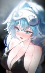  1girl arahashi_tabi arms_at_sides backlighting bikini black_bikini bloom blue_eyes blue_hair blush breasts commentary_request double-parted_bangs from_above hair_intakes highres korean_commentary large_breasts long_hair looking_at_viewer looking_up mask mask_on_head nose_blush open_mouth raised_inner_eyebrows sleep_mask solo stellive swimsuit upper_body uyu_art_77 virtual_youtuber wet 