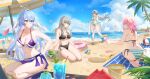  4girls absurdres aqua_bikini aqua_eyes ass back ball barefoot beach beachball bikini black_bikini blue_hair breasts bucket closed_mouth commentary_request drinking_straw feet firefly_(honkai:_star_rail) food fruit glass grey_hair hair_between_eyes head_wings highres holding holding_water_gun honkai:_star_rail honkai_(series) innertube lemon long_hair march_7th_(honkai:_star_rail) medium_breasts multicolored_bikini multicolored_eyes multiple_girls navel ocean pink_eyes pink_hair purple_bikini robin_(honkai:_star_rail) smile stelle_(honkai:_star_rail) stomach striped_bikini striped_clothes swim_ring swimsuit toes trailblazer_(honkai:_star_rail) two-tone_eyes umbrella w-baiye water_gun watermelon white_bikini wings yellow_eyes 