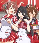  3girls agnes_tachyon_(umamusume) ahoge animal_ears apron black_bow black_hair blush bow breasts brown_eyes brown_hair checkered_ribbon closed_eyes commentary_request dantsu_flame_(umamusume) dress ear_covers ear_ribbon ear_tag earrings employee_uniform fast_food_uniform hair_between_eyes hairband heart highres holding horse_ears horse_girl horse_tail jewelry kfc large_breasts long_bangs long_hair long_hair_between_eyes manhattan_cafe_(umamusume) medium_hair multicolored_hair multiple_girls official_alternate_costume open_mouth pink_hairband red_apron red_dress red_eyes red_vest seiji_(artman) shirt single_earring small_breasts smile striped_clothes striped_dress tail umamusume vertical-striped_clothes vertical-striped_dress vest waist_apron white_apron white_hair white_shirt white_wrist_cuffs wrist_cuffs yellow_eyes 