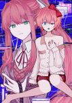  2girls absurdres blazer blue_background blue_eyes bow brown_hair collared_shirt commentary doki_doki_literature_club doki_doki_literature_club_school_uniform folder glitch green_eyes grey_jacket hair_bow hair_intakes highres holding holding_rope ichiho_339 jacket long_hair monika_(doki_doki_literature_club) multiple_girls neck_ribbon ponytail red_bow red_ribbon red_shorts ribbon rope sayori_(doki_doki_literature_club) school_uniform shirt short_hair shorts single_bare_shoulder single_off_shoulder sitting uneven_eyes untranslatable_commentary white_shirt 