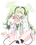  2girls absurdres animal_ear_hairband animal_ears bare_legs barefoot black_tail blue_archive cat_ear_hairband cat_ears closed_eyes collared_shirt demon_tail fake_animal_ears from_side full_body green_hair green_halo hairband halo heart heart_print highres hikari_(blue_archive) incest kiss kissing_with_eyes_open long_hair multiple_girls nozomi_(blue_archive) open_clothes open_shirt pajamas pink_scrunchie print_shirt scrunchie see-through_clothes see-through_shirt shirt siblings simple_background sisters star_(symbol) star_print tail twincest twins twintails weeyi white_background yuri 