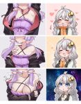 2girls ^_^ absurdres ahoge alternate_breast_size_(larger) armpits arms_up bare_shoulders black_dress black_jacket blue_eyes blush braid breasts cleavage closed_eyes collarbone collared_shirt commentary criss-cross_halter dress dress_slip drooling eyes_out_of_frame flying_sweatdrops grey_hair hair_ornament halterneck head_out_of_frame heart highres jacket kizuna_akari kyusai_kuma large_breasts long_sidelocks looking_down meme mouth_drool multiple_girls multiple_views nail_polish open_clothes open_jacket open_mouth own_hands_together purple_dress purple_hair purple_nails shaded_face shirt sidelocks sleeves_past_wrists small_breasts space_cat_(meme) strapless strapless_dress sweatdrop tube_dress twin_braids very_long_braid vocaloid voiceroid white_background white_shirt yuzuki_yukari 