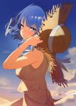  1girl alternate_breast_size_(larger) bare_arms blue_eyes blue_hair blue_sky blurry blurry_background blush breasts brown_hat closed_mouth cloud cloudy_sky colorful_festival_(project_sekai) dress evening from_side hand_on_headwear hand_up hat highres holding kiritani_haruka looking_at_viewer looking_to_the_side medium_breasts official_alternate_costume official_alternate_hairstyle outdoors project_sekai short_hair sidelocks sky sleeveless sleeveless_dress smile solo straw_hat sun_hat sundress uminokaisen upper_body white_dress 