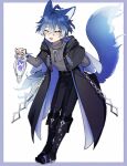  1boy absurdres aged_down animal_ears antenna_hair arm_behind_back black_boots black_coat black_pants blue_hair boots coat commentary_request flins_(baskin-robbins)_(genshin_impact) flins_(dream_journey)_(genshin_impact) flins_(genshin_impact) full_body genshin_impact grey_sweater hair_between_eyes highres holding holding_lantern kemonomimi_mode knee_boots lantern leaning_forward long_sleeves looking_at_viewer male_focus nemugnsn no_pupils official_alternate_costume open_mouth pants short_hair simple_background smile solo sweater tail twitter_username white_background yellow_eyes 