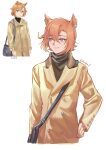  1girl absurdres animal_ears bag black_sweater closed_mouth coat commentary_request hair_between_eyes hand_on_own_hip highres horse_ears horse_girl kaulen.f long_sleeves purple_eyes short_hair shoulder_bag simple_background smile sweater t.m._opera_o_(umamusume) umamusume upper_body white_background yellow_coat 