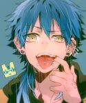  1boy alternate_piercings blue_background blue_hair bridge_piercing brown_eyes brown_shirt commentary_request dramatical_murder ear_piercing face_piercing hand_piercing labret_piercing long_hair looking_at_viewer male_focus nun_bou open_mouth piercing plug_(piercing) seragaki_aoba shirt simple_background solo teeth tongue tongue_out usagimodoki 