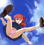  1girl absurdres ahoge blush bocchi_the_rock! bow bow_panties brown_shoes commentary cube_hair_ornament falling from_below full_body gotoh_hitori gotoh_hitori_(tsuchinoko) hair_between_eyes hair_ornament highres jitome kita_ikuyo long_hair long_sleeves looking_at_viewer midriff navel one_side_up open_mouth panties pantyshot pink_bow pleated_skirt red_bow red_eyes school_uniform shoes shuka_high_school_uniform side_ahoge sim_evo skirt smile socks thighs tsuchinoko underwear upskirt white_panties white_socks yellow_eyes 