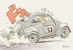  1girl blonde_hair car commentary driving flying_sweatdrops grey_car herbie_(character) herbie_(series) katsura_himeko motor_vehicle race_vehicle racecar sekihan signature solo sound_effects surprised vehicle_focus volkswagen volkswagen_beetle wheelie wide-eyed zesshaka!_shiritsu_yotsuwa_joshi_gakuin_zetsumetsu_kigu-sha_gakka 