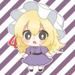  1girl belt blonde_hair blush_stickers brown_shoes chibi collared_dress commentary_request diagonal-striped_background dress full_body hani_(jotogumayumi) hat hat_ribbon highres long_hair looking_at_viewer maribel_hearn open_mouth purple_dress red_ribbon ribbon shoes short_sleeves signature socks solo striped_background touhou white_hat white_socks yellow_eyes 