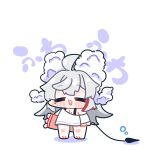  1girl :3 =_= ahoge blush breasts chibi closed_eyes commentary_request demon_tail full_body grey_hair highres holding holding_pillow long_hair mole mole_on_breast mole_under_eye multicolored_hair off_shoulder open_mouth pillow red_hair shirt simple_background smile soap_bubbles solo standing streaked_hair syurikenmaru tail translation_request white_background white_hair white_shirt wuthering_waves zani_(wuthering_waves) 