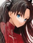  1girl blue_eyes brown_hair commentary edaori fate/stay_night fate_(series) hair_ribbon long_hair red_sweater ribbon sketch smile solo sweater tohsaka_rin turtleneck turtleneck_sweater twintails two_side_up 