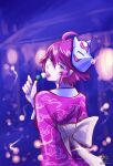  1girl alternate_costume dango eating fire_emblem fire_emblem_fates food fox_mask hakuramen hand_up highres hinoka_(fire_emblem) japanese_clothes kimono looking_at_viewer mask mask_on_head pink_kimono red_eyes red_hair short_hair solo wagashi 