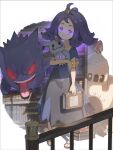  1girl :3 acerola_(pokemon) armlet book book_stack bookshelf closed_mouth commentary dress full_body gengar ghost_type_theme_(pokemon) glowing glowing_eyes hair_ornament hairclip highres holding holding_book holding_pokemon intangible jewelry looking_at_viewer mimikyu palossand pokemon pokemon_(creature) pokemon_sun_and_moon purple_dress purple_eyes purple_hair short_hair short_sleeves standing tongue tongue_out ve_0ekaki 