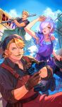  1girl 2boys apron armpits asami_you bandana ben-day_dots black_shirt blonde_facial_hair blonde_hair blue_eyes blue_sky brown_gloves cerejeira_elron commentary_request day facial_hair fate/grand_order fate_(series) game_asset glasses glint gloves goredolf_musik green_eyes green_jumpsuit hair_ornament hair_over_one_eye hair_scrunchie holding holding_lead_pipe holding_power_drill jingle_abel_meuniere jumping jumpsuit jumpsuit_around_waist lead_pipe long_hair looking_at_viewer low_side_ponytail male_focus medium_hair midair multiple_boys mustache off-shoulder_shirt off_shoulder official_alternate_costume official_art one_eye_closed outdoors overalls partial_commentary purple_apron purple_hair red_overalls screentones scrunchie shirt short_hair side_ponytail sky sweat third-party_source tool_belt toolbox white_gloves white_shirt 