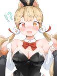  !? 1girl alice_thymefield animal_ears assisted_exposure blonde_hair blush breasts cleavage commentary_request embarrassed heterochromia highres i3ebiebi long_hair low_neckline low_twintails medium_breasts playboy_bunny pov pov_hands rabbit_ears red_eyes solo_focus twintails yellow_eyes zenless_zone_zero 