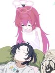  3girls ahoge blonde_hair blue_archive blue_hair chihiro_(blue_archive) chihiro_(pajamas)_(blue_archive) closed_eyes commentary_request eye_mask eyewear_on_head green_pillow halo kotama_(blue_archive) kotama_(pajamas)_(blue_archive) lap_pillow maki_(blue_archive) maki_(pajamas)_(blue_archive) mask multiple_girls official_alternate_costume official_alternate_hairstyle purple-framed_eyewear raised_eyebrows red_hair red_halo shirt side_ponytail sleeping sleepwear smile squinting tank_top wavy_hair wayanut white_background white_shirt white_tank_top 