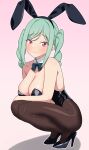  1girl animal_ear_hairband animal_ears aqua_hair black_leotard black_shoes bow bowtie braid braided_twintails breasts brown_pantyhose cleavage commentary_request detached_collar fake_animal_ears hairband high_heels highres large_breasts leotard looking_at_viewer love_live! love_live!_superstar!! onitsuka_tomari pantyhose pink_eyes playboy_bunny rabbit_ear_hairband rabbit_ears shoes simple_background solo squatting strapless strapless_leotard tamagu_eggo twin_braids 