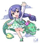  1girl :d arm_up blue_hair buttons collared_shirt commentary_request crossed_bangs double-parted_bangs dragon dress eastern_dragon full_body green_dress green_shoes hair_between_eyes hair_bobbles hair_ornament long_hair long_sleeves looking_at_viewer low-tied_long_hair open_mouth original outstretched_arm pinafore_dress purple_eyes shirt shoes simple_background sleeveless sleeveless_dress smile socks solo standing standing_on_one_leg teeth toromi_(toromix2) upper_teeth_only white_background white_shirt white_socks 