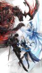  1boy 1girl anniversary armor armored_boots black_hair black_pants blue_boots blue_gloves blue_vest boots clive_rosfield copyright_name emo18480621 english_commentary facial_hair final_fantasy final_fantasy_xvi full_body gauntlets gloves grey_hair highres holding_hands ifrit_(final_fantasy) jill_warrick long_hair looking_at_another pants red_vest shirt shiva_(final_fantasy) short_hair shoulder_armor single_glove skirt sword sword_on_back thigh_boots vest weapon weapon_on_back white_shirt 