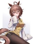  1girl agnes_tachyon_(tach-nology)_(umamusume) agnes_tachyon_(umamusume) ahoge alan_(210bush) animal_ears black_necktie blush breasts brown_hair brown_pantyhose chemical_structure closed_mouth coat commentary_request cork earrings hair_between_eyes highres horse_ears horse_girl horse_tail jewelry lab_coat long_sleeves medium_breasts necktie pantyhose red_eyes shirt short_necktie simple_background single_earring sleeves_past_fingers sleeves_past_wrists solo sweater sweater_vest tail test_tube umamusume white_background white_coat wolf_cut yellow_sweater yellow_sweater_vest 