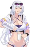  1girl absurdres ak-12_(girls'_frontline) blue_eyes bottle breasts cleavage closed_eyes closed_mouth collarbone commentary cup english_commentary eyewear_on_head feet_out_of_frame girls'_frontline girls'_frontline_2:_exilium grey_hair highres holding holding_bottle holding_cup jewelry koleda_(girls'_frontline_2) light_smile lips long_hair medium_breasts navel official_alternate_costume one-piece_swimsuit ring seilindekos sidelocks simple_background solo standing sunglasses swimsuit watch white_background white_one-piece_swimsuit wristwatch 