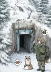  1girl absurdres animal_ears backpack bag bedroll black_boots black_gloves blush boots brown_eyes brown_hair bunker camouflage camouflage_pants coat day fox fox_ears fox_girl fox_girl_(yihan_world) fox_tail from_side full_body gaiters gloves green_coat hair_between_eyes hand_up highres holding holding_paper hood hood_down hooded_jacket jacket long_hair open_mouth original outdoors pants paper pine_tree ponytail profile satchel shoulder_bag snow solo speech_bubble standing tail tree winter_clothes winter_coat woodland_camouflage yihan_world 