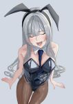  1girl absurdres ak-12_(girls'_frontline) alternate_costume animal_ear_hairband animal_ears bare_shoulders between_breasts black_hairband black_leotard blue_background blue_necktie blush breasts brown_pantyhose closed_eyes clothes_between_breasts detached_collar fake_animal_ears feet_out_of_frame girls'_frontline grey_hair hairband highres knokofji leotard long_hair medium_breasts necktie necktie_between_breasts open_mouth pantyhose playboy_bunny rabbit_ear_hairband rabbit_ears sidelocks simple_background sitting smile solo strapless strapless_leotard 
