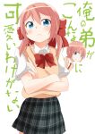  2boys :< arikawa_hime arikawa_kaguya behind_another blue_eyes blush bow bowtie brothers brown_sweater_vest can't_be_this_cute closed_mouth commentary_request cowboy_shot crossdressing crossdressing_(mtf) crossed_arms hair_between_eyes hair_bow himegoto looking_at_viewer low_twintails male_focus medium_hair miniskirt multiple_boys necktie ore_no_imouto_ga_konna_ni_kawaii_wake_ga_nai parody pink_hair plaid_clothes plaid_skirt pleated_skirt pumomo_(saito80276259) red_bow red_bowtie red_necktie short_hair short_sleeves short_twintails siblings sidelocks simple_background skirt small_sweatdrop solo_focus standing sweater_vest trap twintails v-shaped_eyebrows white_background 