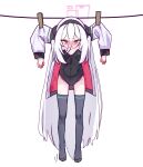  1girl black_hairband blue_archive blush caffeinesonsari clothesline commentary double-parted_bangs english_commentary full_body hair_between_eyes hairband halo hanging hanging_from_clothesline highres jacket kei_(blue_archive) kei_(student)_(blue_archive) long_hair long_hair_between_eyes long_sleeves looking_at_viewer multicolored_jacket open_mouth pink_eyes pink_halo playboy_bunny rectangular_halo ringed_eyes simple_background solo thighhighs thighs two-tone_jacket very_long_hair white_hair white_jacket 